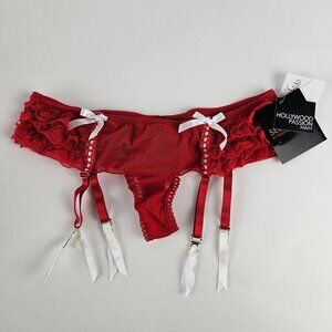 Fredericks of Hollywood Seduction Red Thong M Garter Panties NWT White bow